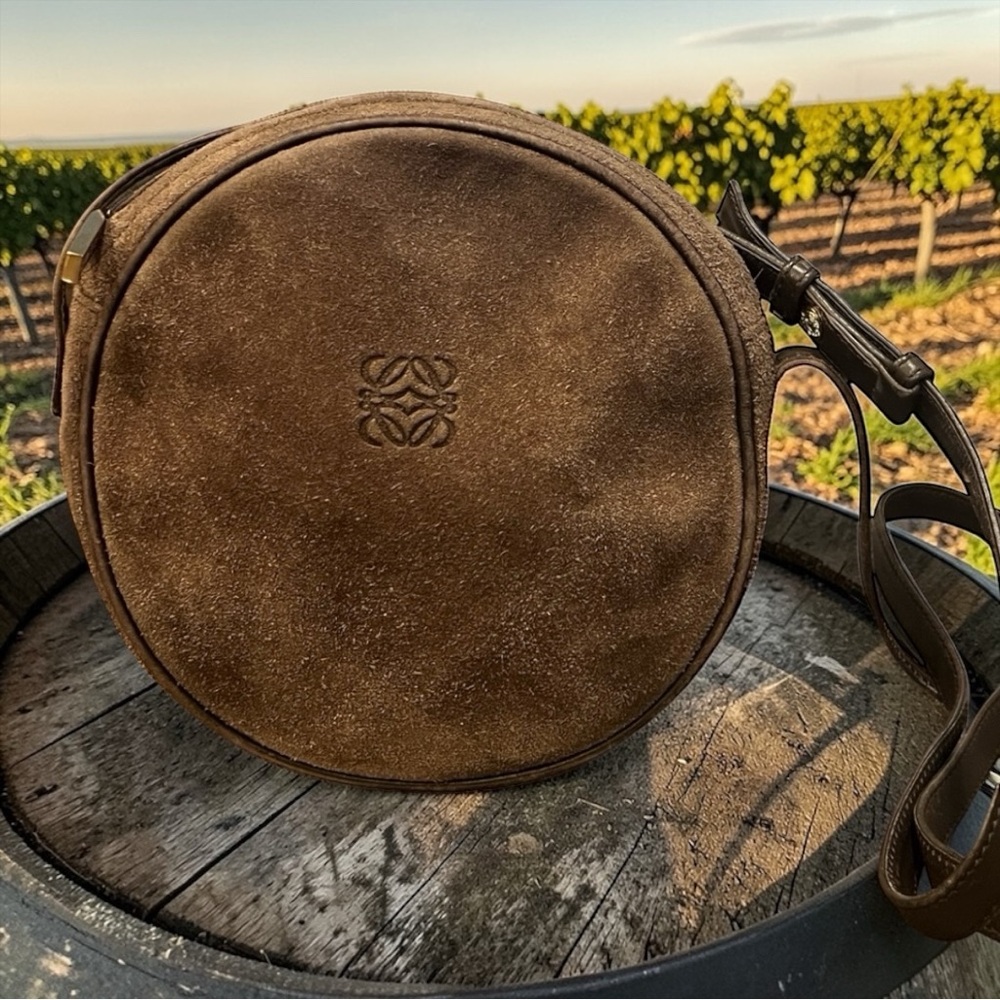 Vintage Loewe Round Canteen Crossbody Bag Brown Suede Leather